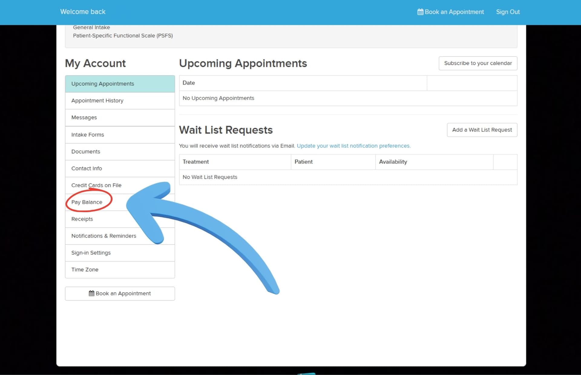 Jane account page with the Pay Balance tab highlighted